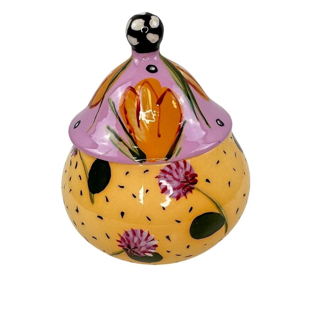 Droll Designs Multi Lidded Sugar Bowl Floral Ceramic Round Hand Painted RARE